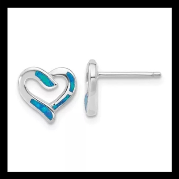 Sterling Silver Opal Heart 16in Necklace with 2in ext and Earring Set NEW - Picture 2 of 6